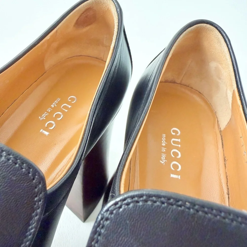 GUCCI | Black Leather Horsebit Platform Loafers Block Heel EU 37.5‎